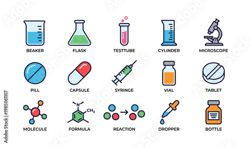 Laboratory equipment icons: beaker, microscope, syringe, formula