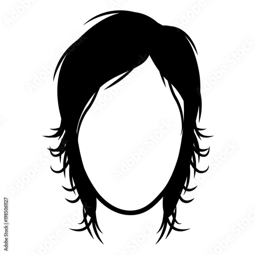 Mullet hairstyle silhouette front view, layered hair shape short front long back structure simple outline for icon, avatar, logo, minimal beauty, fashion graphic
