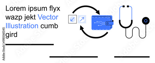 Healthcare technology, telemedicine, data sharing, digital health solutions, system integration, healthcare communication. Arrows connecting stethoscope and digital wallet. Healthcare technology