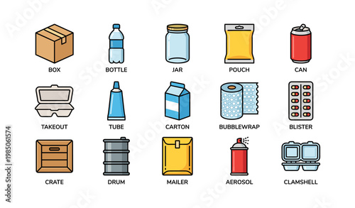 Various types of packaging including box, bottle, jar, and carton icons