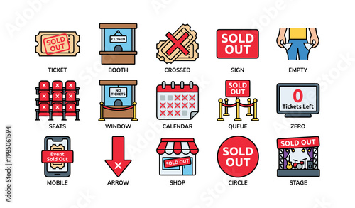 Ticket sale status icons: sold out, closed, no tickets, calendar, queue, shop