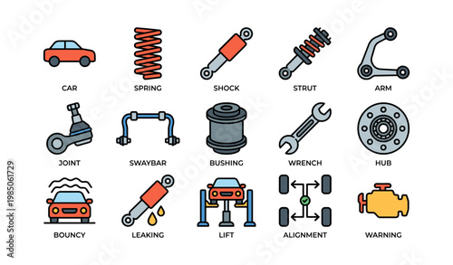 Illustrated car parts diagram featuring various components in colorful icons