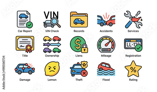 Vehicle service overview with icons for reports, vin, accidents, and maintenance