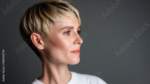 Woman with Short Hair Touching Her Face.