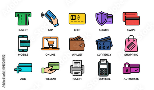 Digital payment icons: contactless, secure, shopping, wallet, terminal