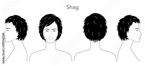 Shag hairstyle black white vector front back profile views, layered hair structure messy texture composition for salon, hairdresser, fashion illustration, beauty reference
