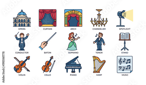 Illustrated icons of opera elements with musical instruments and performers