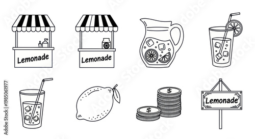 Hand-drawn Lemonade Stand Icons: Pitcher, Drink, Lemon, Coins, Stall