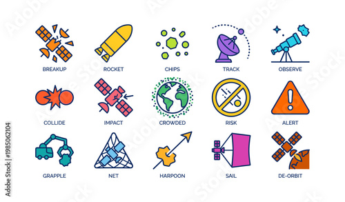 Colorful space icons illustrating satellite breakup, rocket, chips, telescope, orbit, and more