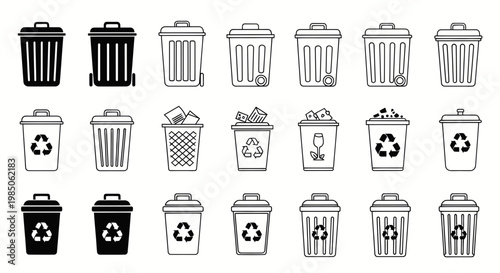 Collection of Trash Cans and Recycling Bins in Various Styles