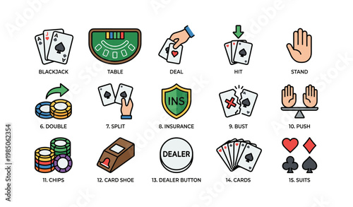 Blackjack icons: cards, table, dealer button and casino chips