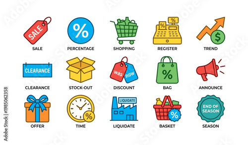 Colorful shopping and discount icons with symbols for retail and sale promotions