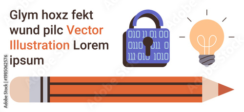 Data security, innovation, education, creativity, intellectual property, digital ideas. A lock, light bulb and pencil are displayed. Data security and innovation concepts are clearly