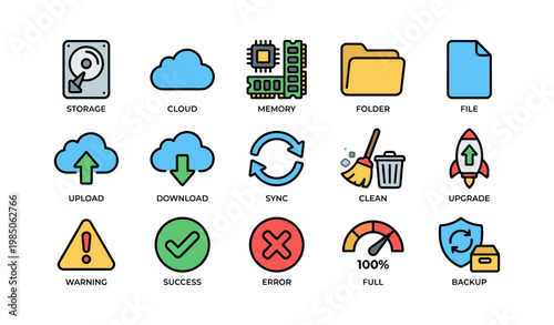 Colorful technology icons representing storage, cloud, memory, and more