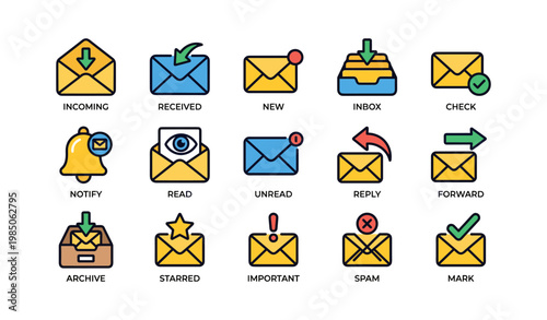 Colorful email icons set featuring mail, inbox, and notification symbols