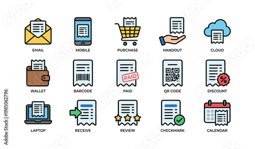 Digital icons for email, mobile, and purchase with receipt elements