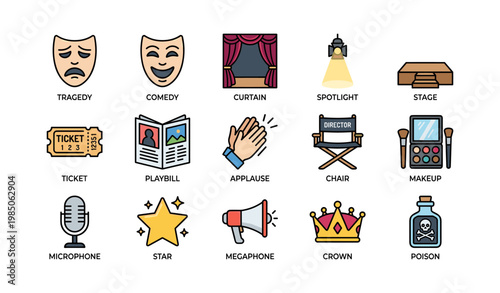 Theater icons set featuring comedy tragedy masks and stage elements