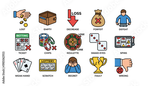 Gambling losses concept: regret and defeat icons
