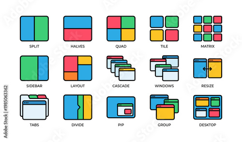Colorful user interface icons for layout and window management
