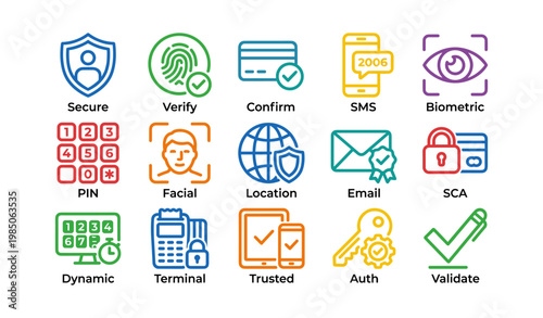 Security icons: verification, authentication, biometric, pin, and email symbols