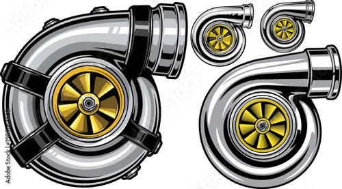Chrome car turbocharger vector set, polished silver automotive turbo engine parts, high performance racing turbine icons for tuning and speed