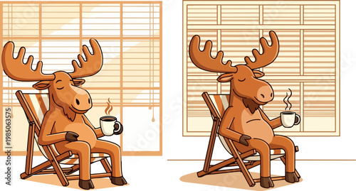Funny moose cartoon character relaxing in deck chair, elk drinking hot coffee in lounge chair, cozy morning scene with moose and window blinds