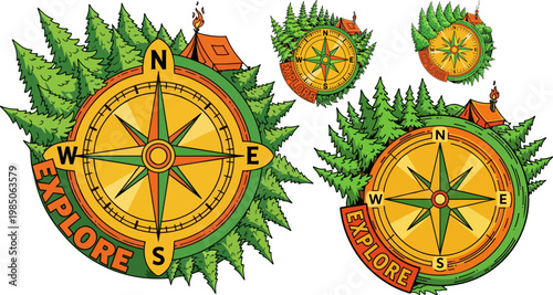 Vintage camping compass vector set, outdoor adventure badge with forest and tent, explore nature emblem for hiking and travel branding