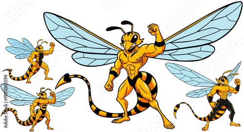 Muscular hornet mascot character set, aggressive yellow jacket wasp vector illustrations, powerful bee warrior with stinger for sports team branding