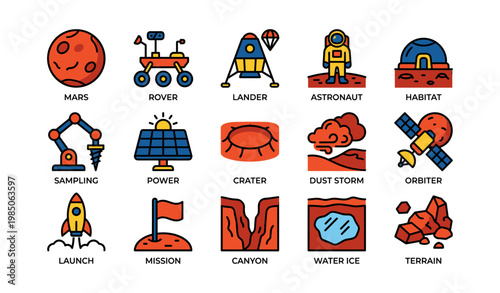 Space exploration icons: rover, astronaut, lander, mars habitat, mission elements