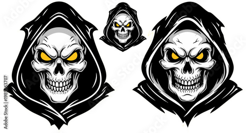 Grim Reaper skull mascot vector, hooded skeleton head with glowing yellow eyes, dark fantasy death character illustration for gaming and apparel