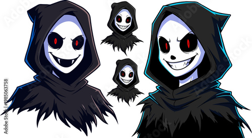 Creepy grim reaper character set, spooky hooded ghost with red eyes and white mask, dark horror phantom avatar collection for gaming and halloween