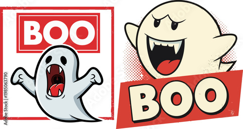 Halloween ghost cartoon vector set, spooky boo typography with cute phantom characters, red and white horror mascot illustrations for stickers