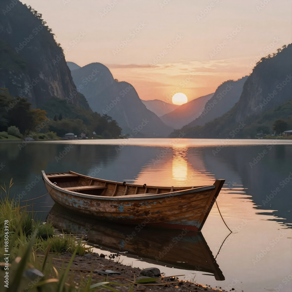 Fototapeta premium Editorial Illustration Boat Grass. A Boat Rests On A Sunset-Reflecting Lake, Framed By Mountains At Dusk