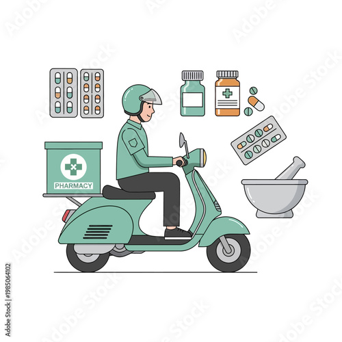 Medical delivery service by scooter with pharmacy boxes and pills illustration