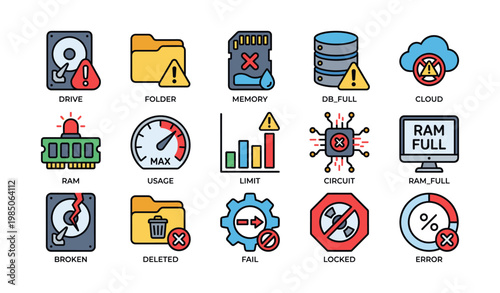 Computer error icons collection including drive, folder, memory, cloud, ram, circuit, and usage indicators
