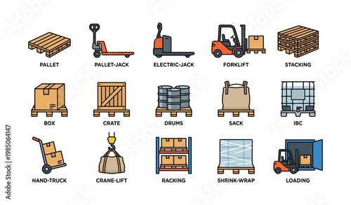 Warehouse equipment: pallet, forklift, crate, and more for efficient stacking and loading