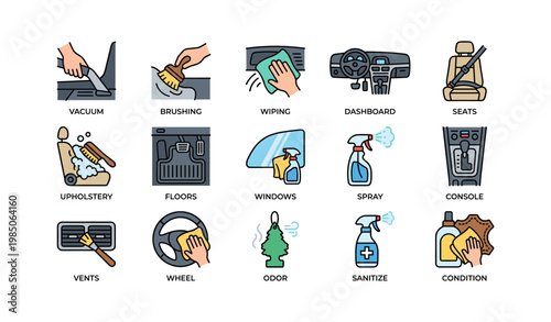 Car interior cleaning icons showing tools and techniques for comprehensive maintenance