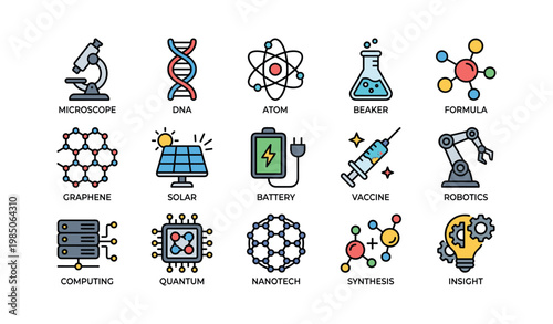 Scientific icon set: dna, atom, graphene, nanotech, robotics, more