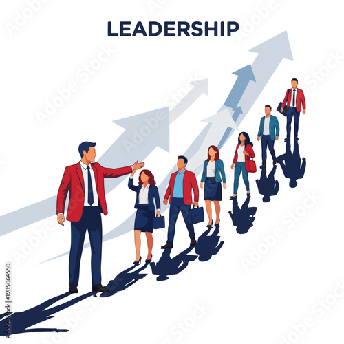 Illustration of a Leader Guiding a Team Upward Arrows Symbolizing Growth and Success