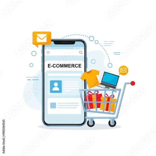 E-commerce concept illustration of online shopping and digital retail, smartphone with shopping cart full of products