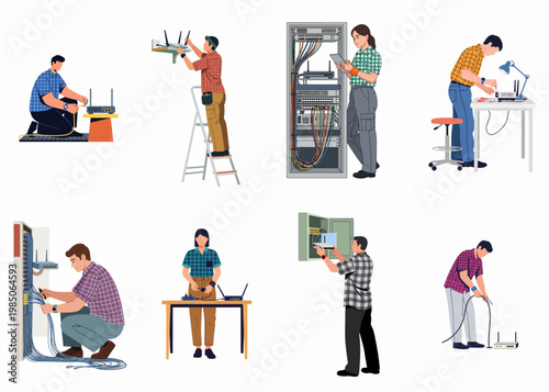 Flat vector illustrations of technicians and engineers installing, configuring, and maintaining networking equipment, routers, and server racks for home and office connectivity.