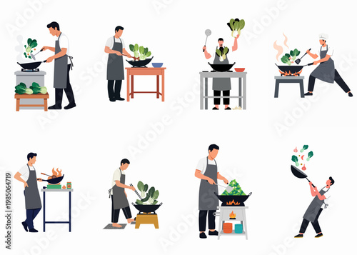 Collection of flat vector illustrations depicting male chefs cooking stir-fry with bok choy in woks over fire.