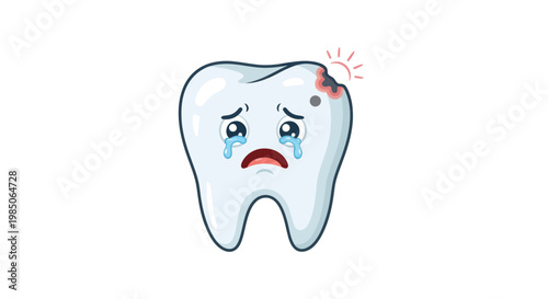 Sad Cartoon Tooth with Cavity and Pain