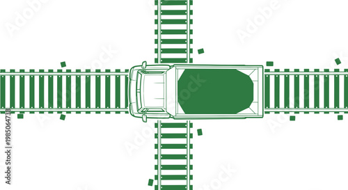 Truck Crossing Railroad Tracks, Top View, Transportation Logistics Concept