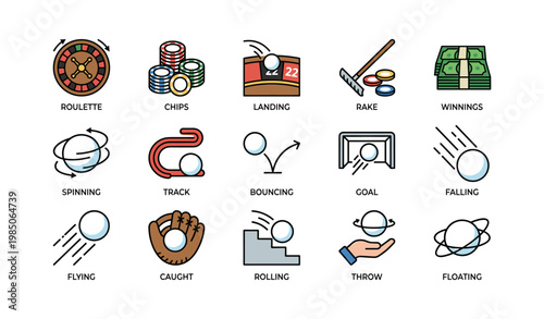 Casino elements and ball movement concepts illustrated in icons