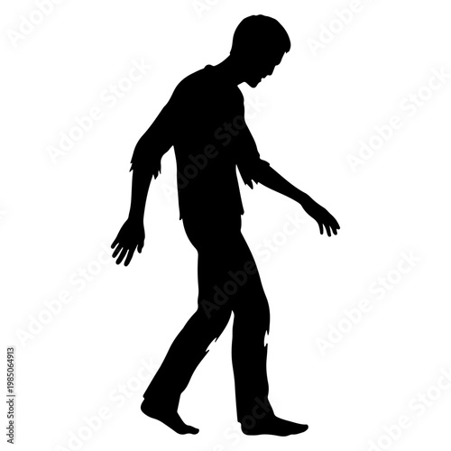 Silhouette of a zombie walking with tattered clothes.