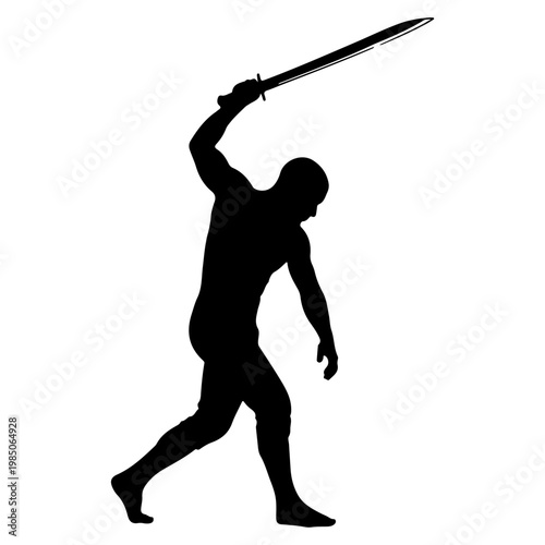 Silhouette of a warrior swinging a sword in attack pose.