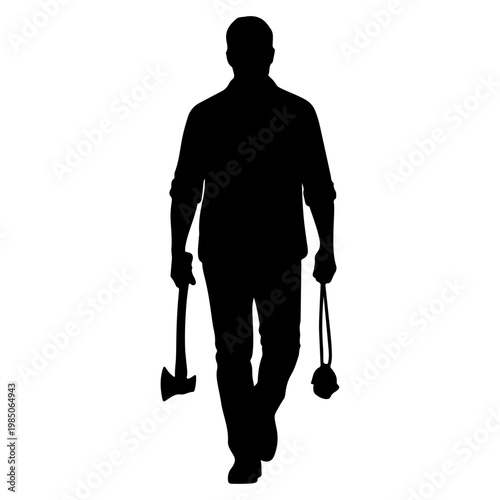 Silhouette of a man carrying an axe and a sling.