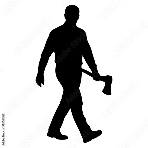 Silhouette of a lumberjack walking with an axe.