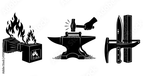Blacksmithing process with fiery forge anvil and shaping tool Isolated on white background